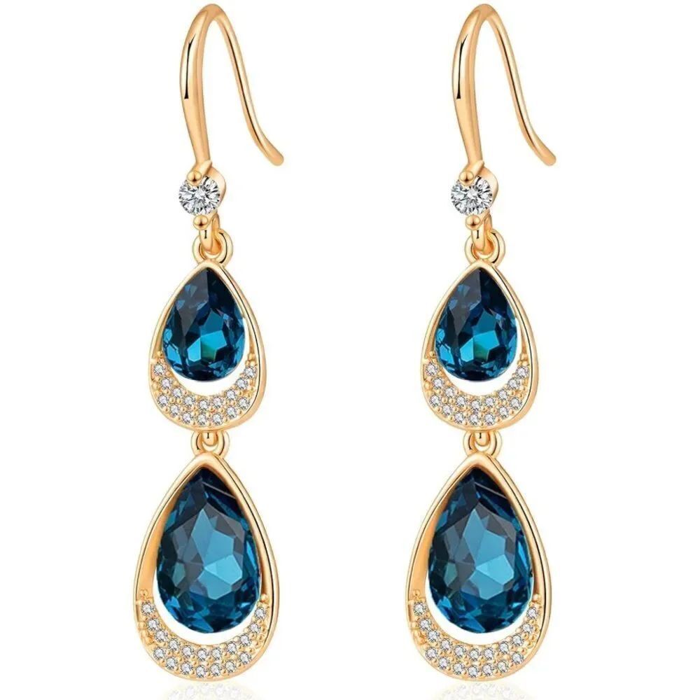 14K Yellow Gold with Blue Sapphire Austrian Crystal Double Teardrop Earrings